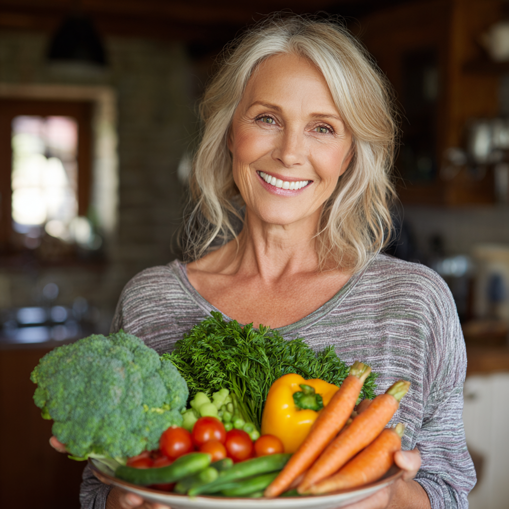 Щаслива дівчина тримає тарілку зі свіжими овочами та посміхається, демонструючи здорове харчування