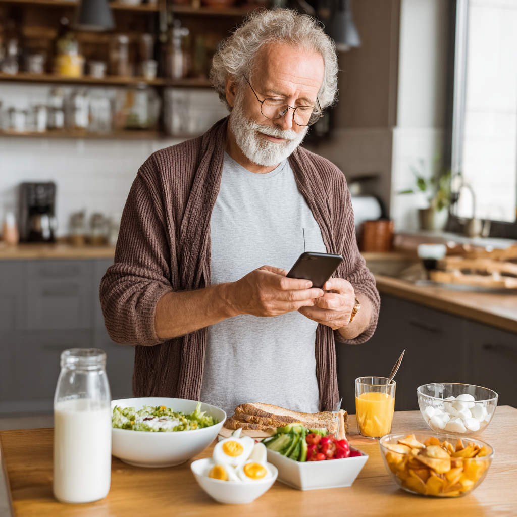 Чоловік-спортсмен готує здоровий сніданок після тренування, перевіряючи план харчування на телефоні